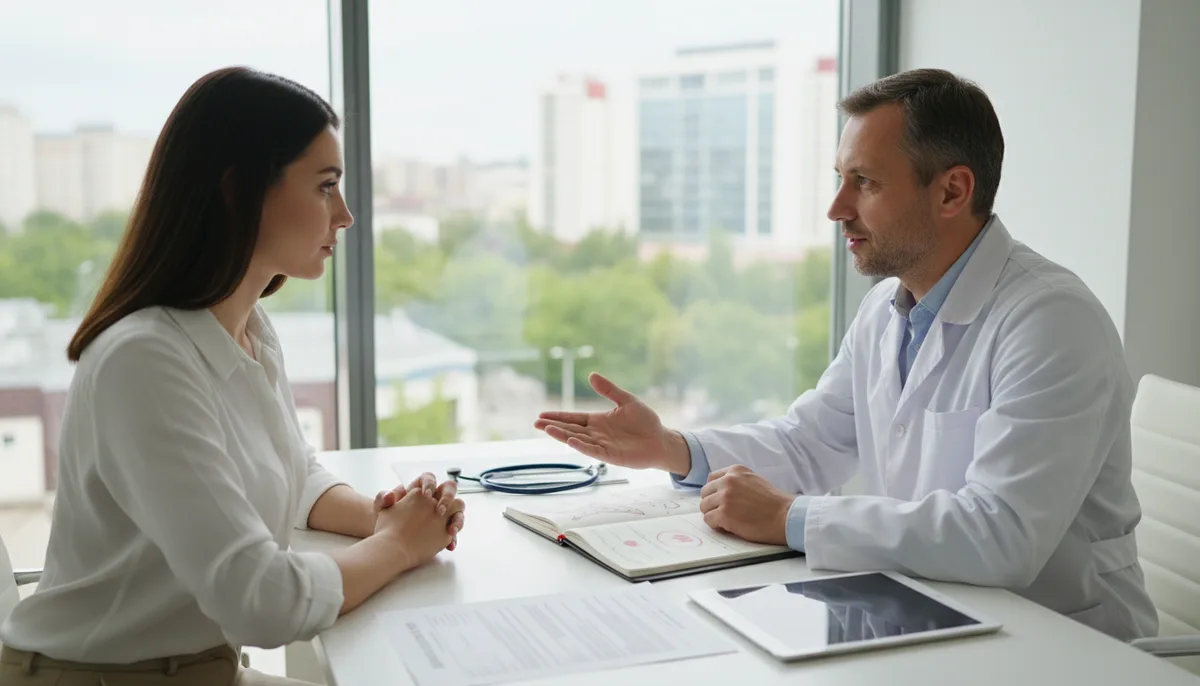 врачебная консультация, доктор объясняет пациенту план лечения, блокнот и медицинские документы на столе