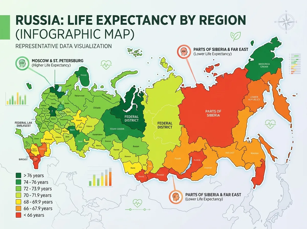 Инфографика: карта России с цветовой градацией по ожидаемой продолжительности жизни в разных регионах, от тёмно-зелёного до красного
